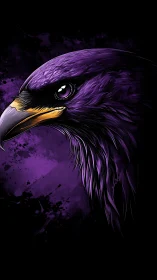 Vivid purple raven profile dominates dark splattered background