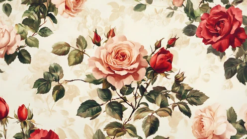Vintage rose floral pattern with red and pink blossoms.