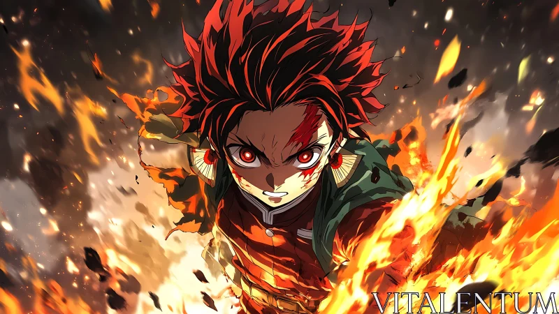 Intense anime warrior charging through swirling flames.