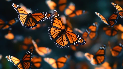 High-detail monarch butterfly swarm in shallow-focus motion