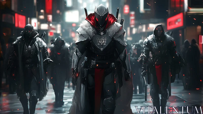 Armored cloaked enforcers advance through neon-lit urban corridor