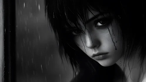 Photorealistic monochrome portrait under rain-streaked glass.