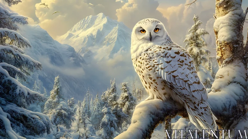 Majestic Snowy Owl in Winter Forest with Snow-Covered Mountains.