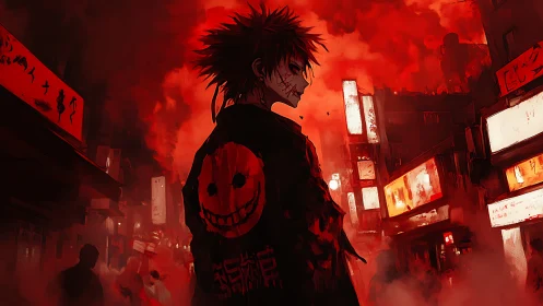 Scarred antihero in neon-smoked alley rendered in crimson noir