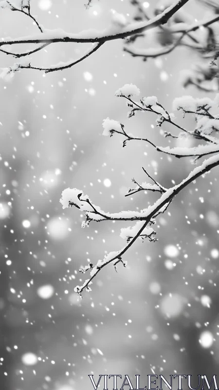 Snow-powdered winter branches caught in a drifting hush.