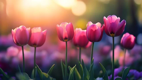 Pink tulips in sunlit field with blurred background depth