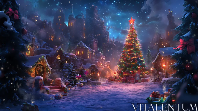 Snowy village square glows around towering Christmas tree