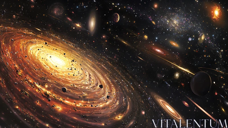 Radiant galactic whirlpool ignites a vast cosmic expanse.