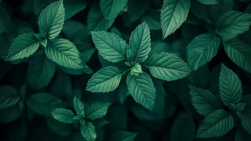 Top view of dense green mint leaves in soft light.