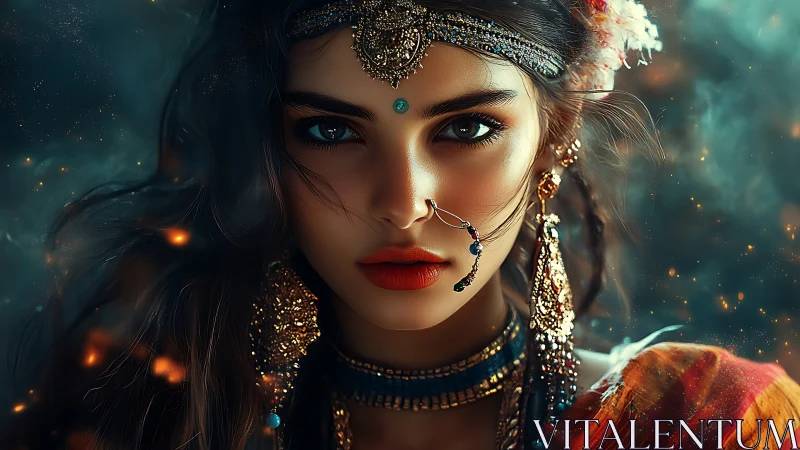 Ember-eyed muse in jeweled finery and swirling starlight.