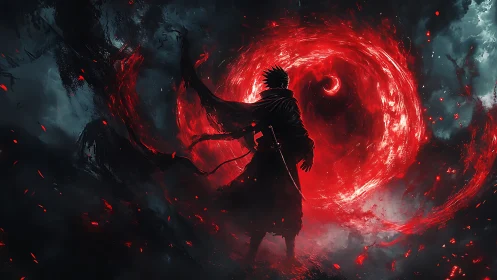 Backlit warrior confronts swirling red energy vortex in storm