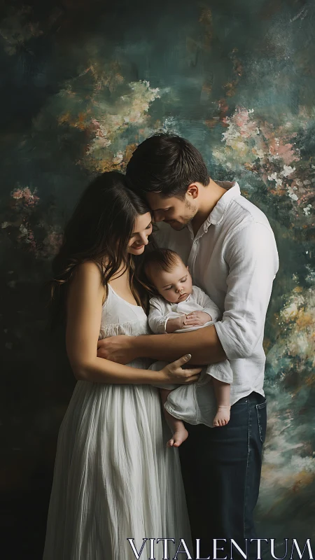 Family Portrait Study: Three-Figure Compositional Unity with Ethereal Textured Backdrop