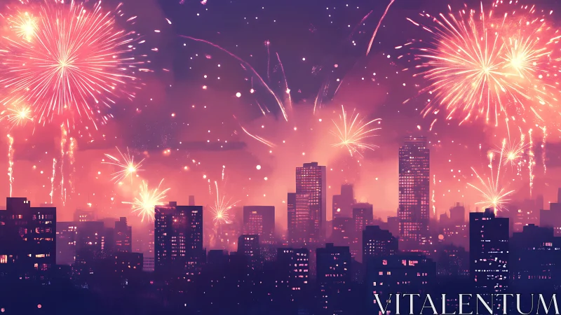 Urban skyline with dense pink fireworks display at night.