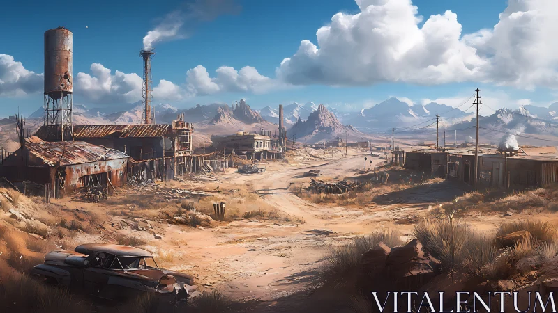 Desert highway crosses a rusted industrial ghost town.