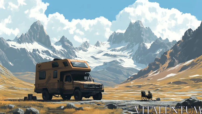 Camper van parked in wide open snowy mountain valley.