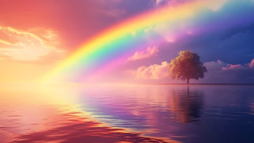 Radiant rainbow arcs over solitary tree on reflective water