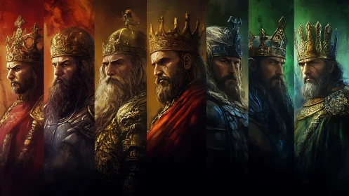 Regal kings in glowing armor across a rainbow of realms.
