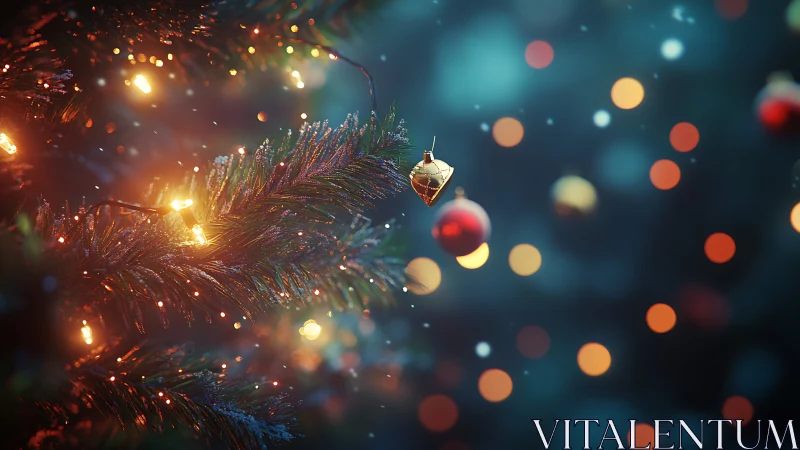 Golden bauble on illuminated fir branch with festive bokeh glow.