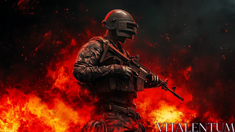 Armored soldier with rifle standing against fiery explosion.