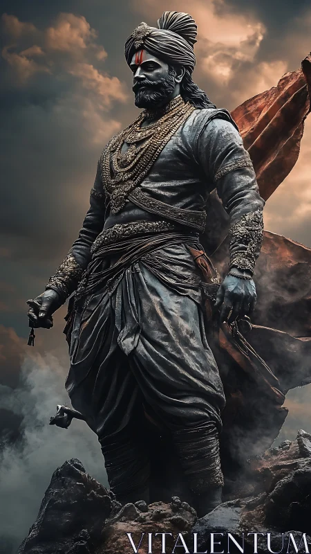 Monumental warrior statue rendered with high-contrast atmospheric lighting