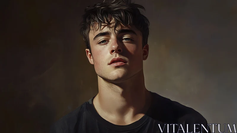 Dramatic chiaroscuro portrait of young man in soft raking light