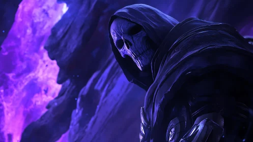 Hooded skeletal warden amid glowing violet cosmic rift.