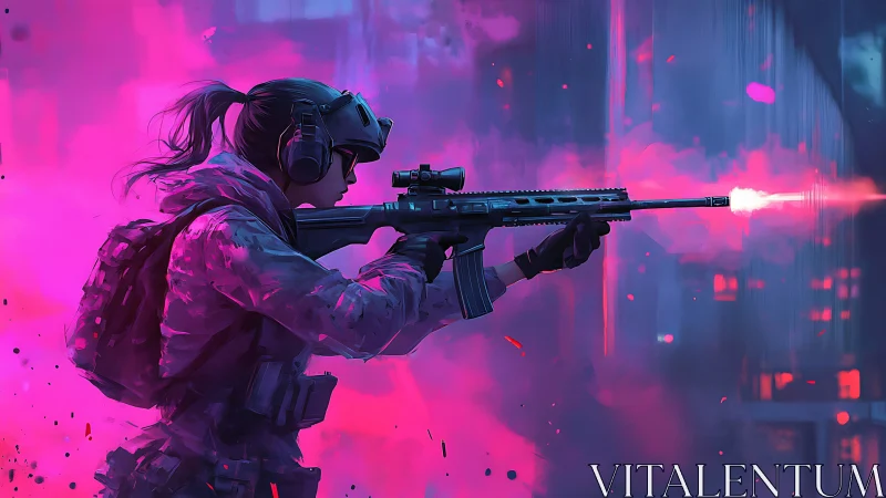 Neon city sniper holding steady in a storm of color.