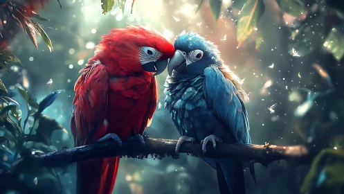 Vibrant red and blue parrots in dreamy forest digital artwork.