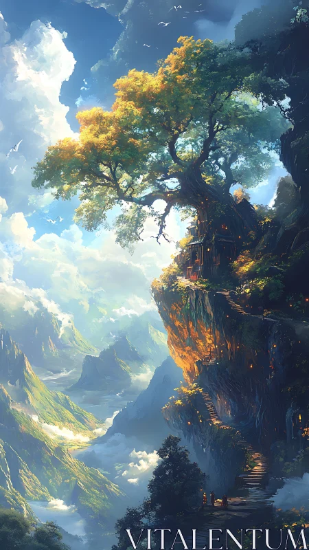 Sunlit cliffside tree home welcomes travelers among clouds