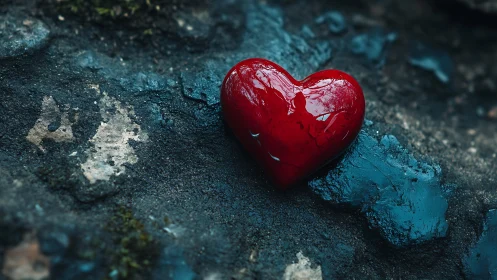 Vivid Crimson Heart Form on Weathered Teal Stone Surface