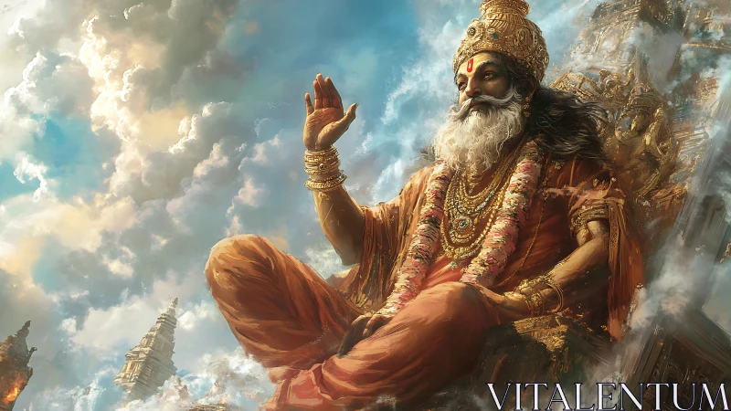 Divine sage enthroned above clouds with ornate golden regalia