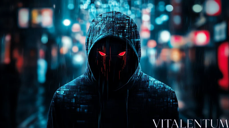 Cyber hooded figure stalks neon city with glowing eyes.