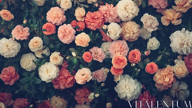 Overhead view of garden roses arranged densely on dark foliage.