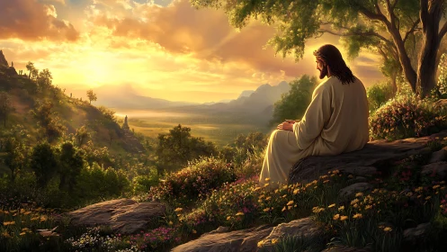 Figure in white robe observes illuminated valley landscape