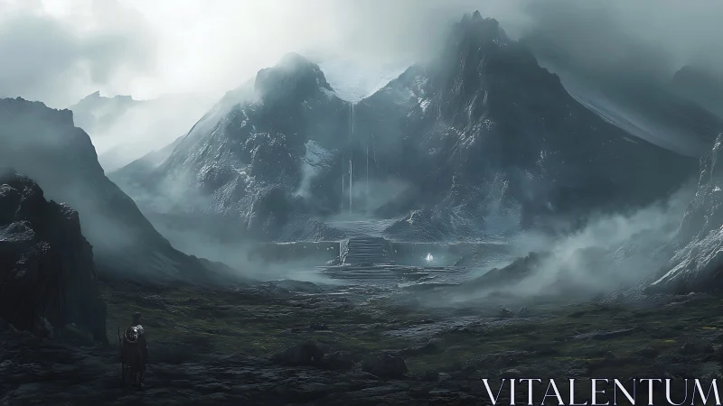 Misty mountain gate welcomes a lone traveler toward secrets