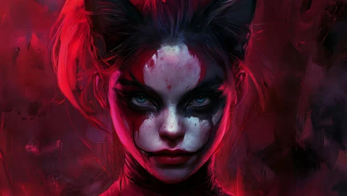 Digital painting portrait of feral femme with crimson aura.