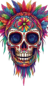 Radiant sugar skull crowned with wild rainbow feathers.