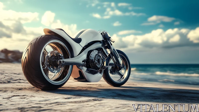 Futuristic white concept motorcycle on sunlit ocean shoreline