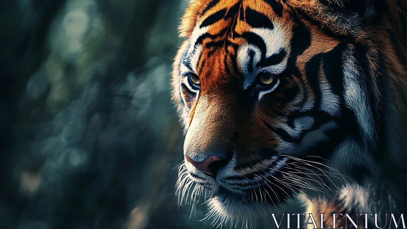 Intense tiger portrait glows against a dark forest backdrop