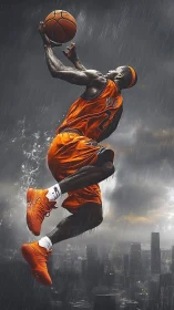 Basketball player soars through storm over neon city skyline.