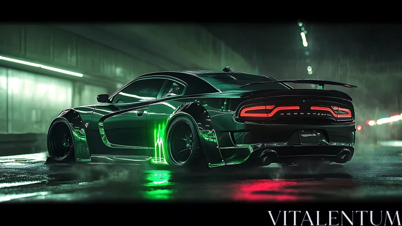 Modified black sports car in wet neon-lit urban tunnel.