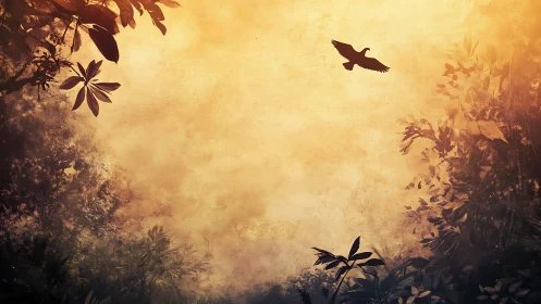 Solitary bird gliding across amber jungle hush sky.