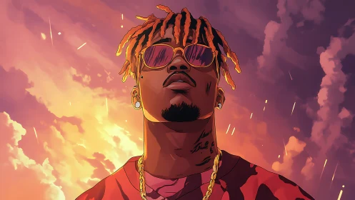 Stylized hip-hop portrait set against radiant sunset clouds
