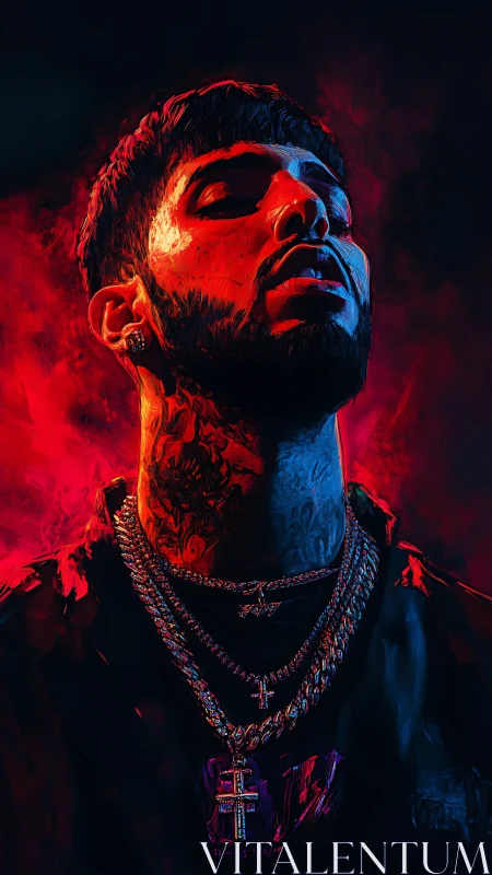 Tattooed man with jewelry rendered in intense red lighting