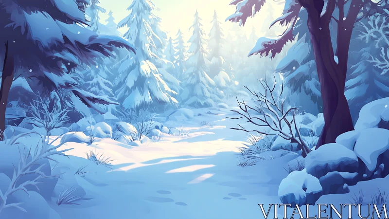 Winter forest landscape with snow-covered evergreens and frozen clearing.