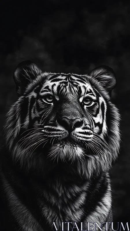 Monochrome tiger portrait with intense forward gaze.