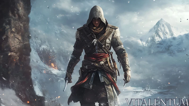 Hooded rogue in layered winter armor strides through blizzard valley