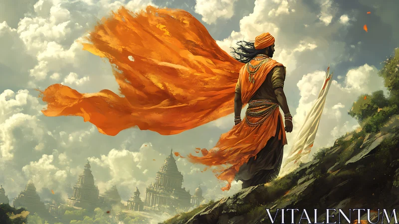 Storm of saffron skies and a lone guardian on the ridge.