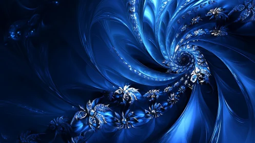 Electric blue fractal spiral blooms with crystalline detail.