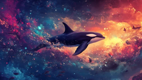 Cosmic orca drifting through nebular oceanic starlight field